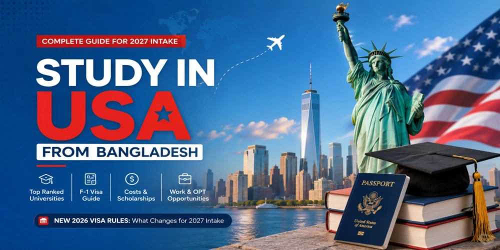 Bangladeshi student preparing to study in the USA for the 2027 intake, with a flight route to the United States