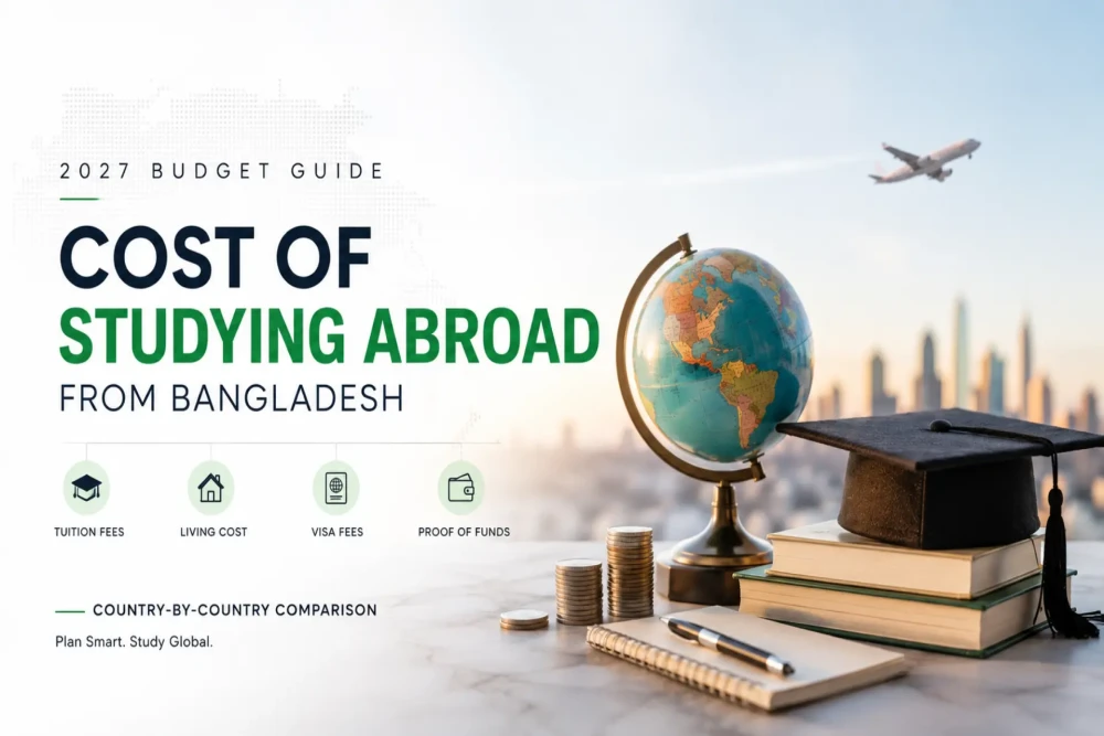 Bangladeshi student comparing study abroad costs across USA, UK, Canada, Australia, and Italy for the 2027 intake
