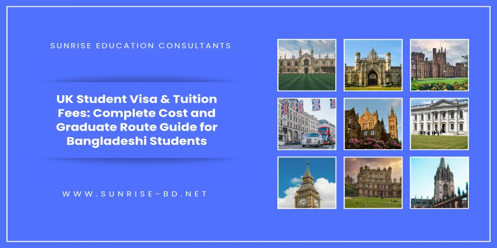 Bangladeshi student reviewing UK student visa fees and tuition costs for 2026, with Graduate Route visa documents